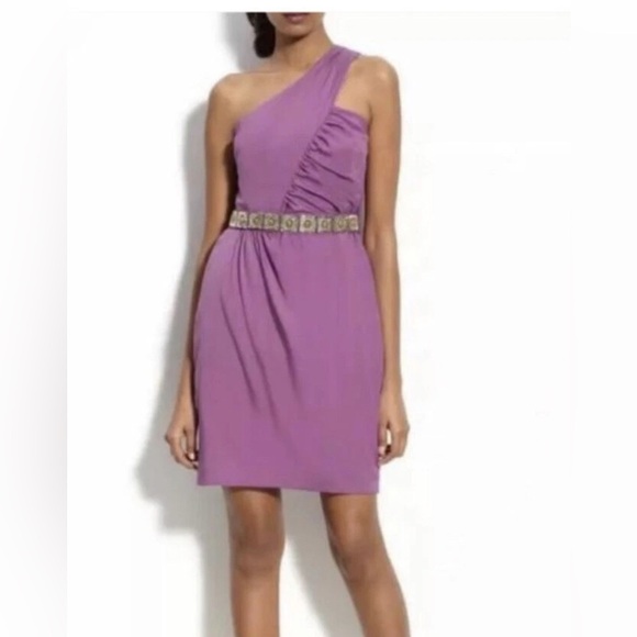 Trina Turk Dresses & Skirts - Trina Turk LaRoux Violet Purple Silk One Shoulder Mini Sheath Dress Ruffle 6